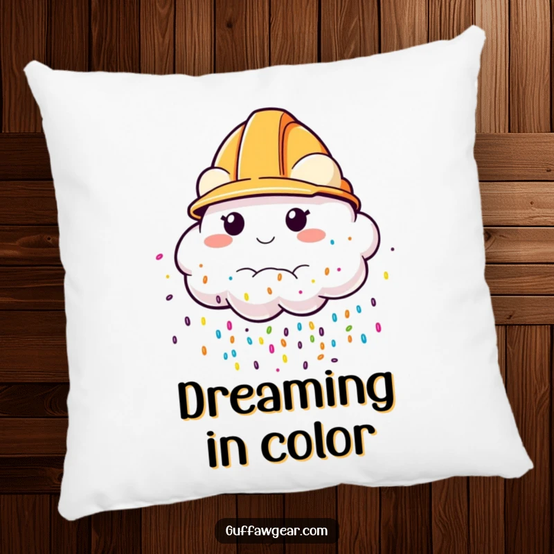 Funny Pillow depicting a cloud with a construction helmet, raining colorful sprinkles, offering plush comfort and visual amusement.