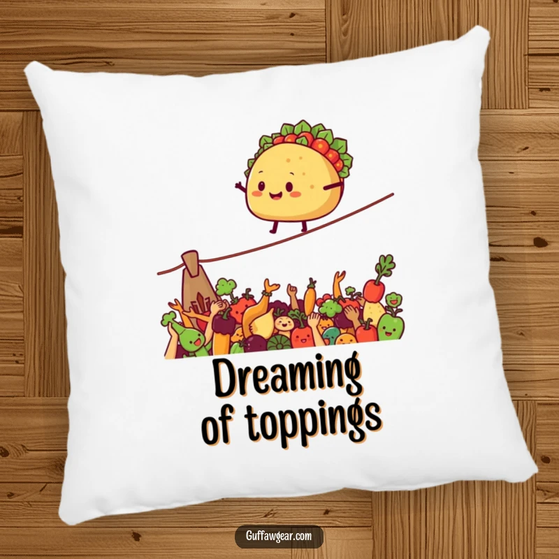 Funny Pillow featuring a smiling taco on a tightrope above cheering vegetables, a fun accent piece.