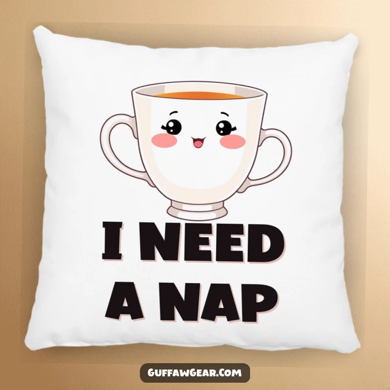 Funny pillow showcasing a teacup with a cute face, adorably and comically trying to drink from its own handle, perfect for cozy, humorous lounging.