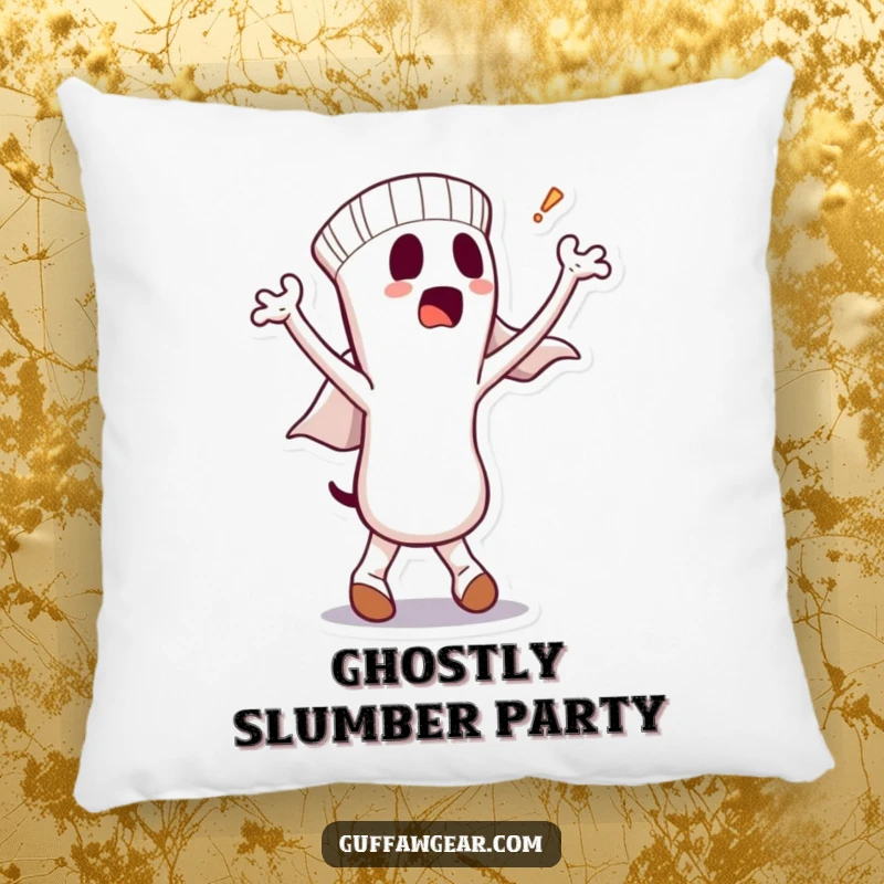 Funny pillow with a dancing sock character and a bewildered ghost peeking out, offering comfort and a dose of silliness.