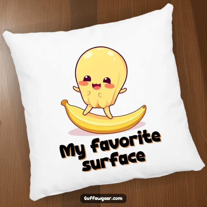 Funny pillow depicting a wobbly jelly character mid-slip on a tiny banana peel, offering comfort and cartoonish amusement.