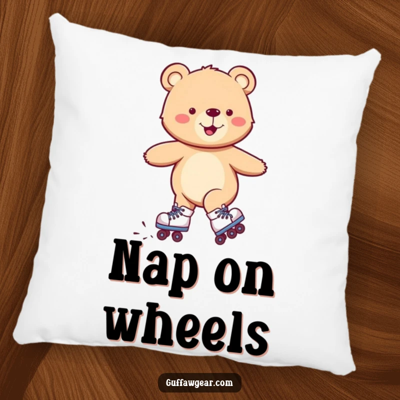 Funny decorative pillow with a smiling bear wearing roller skates, comically wobbling but happy, soft and plush.