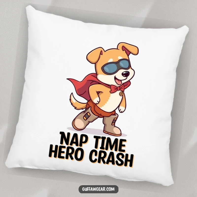 Funny Dog Superhero Pillow: A cute dog wearing a superhero cape hilariously trips over its oversized boots.