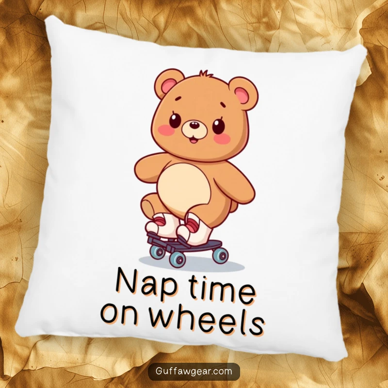 Funny pillow illustrating a smiling bear on roller skates, wobbling but looking ecstatic, offering comfort and amusement.