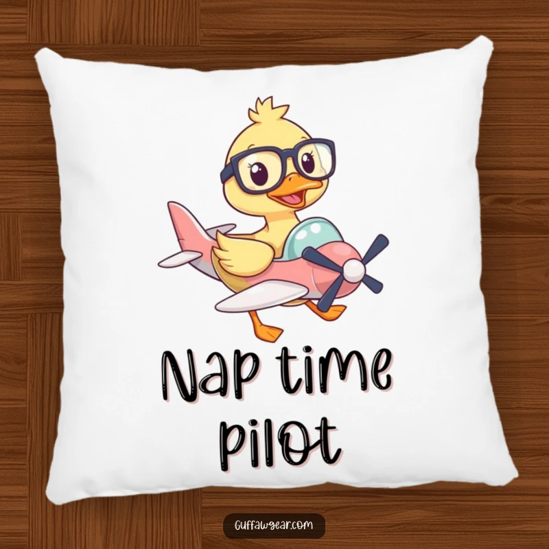 Funny decorative pillow with a duck in oversized glasses piloting a tiny plane, soft and comfortable for aviation themed rooms.
