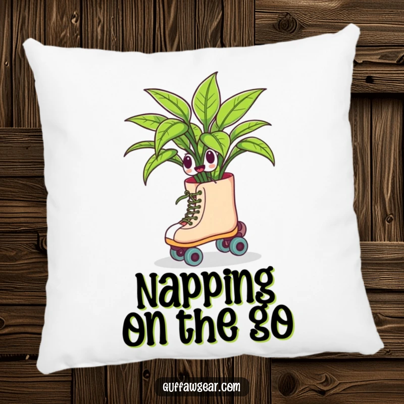 Funny decorative pillow depicting a houseplant on roller skates, comically swerving with a lighthearted and humorous vibe, perfect for adding charm to any space.