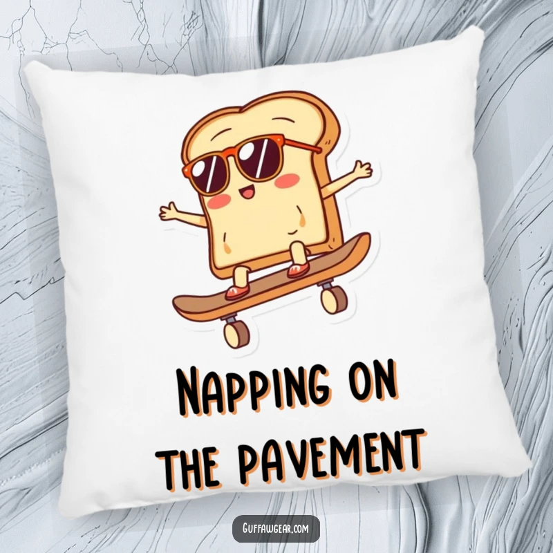 Funny pillow with a slice of toast wearing sunglasses, riding a skateboard, offering comfort and a humorous touch for cool spaces and breakfast lovers.