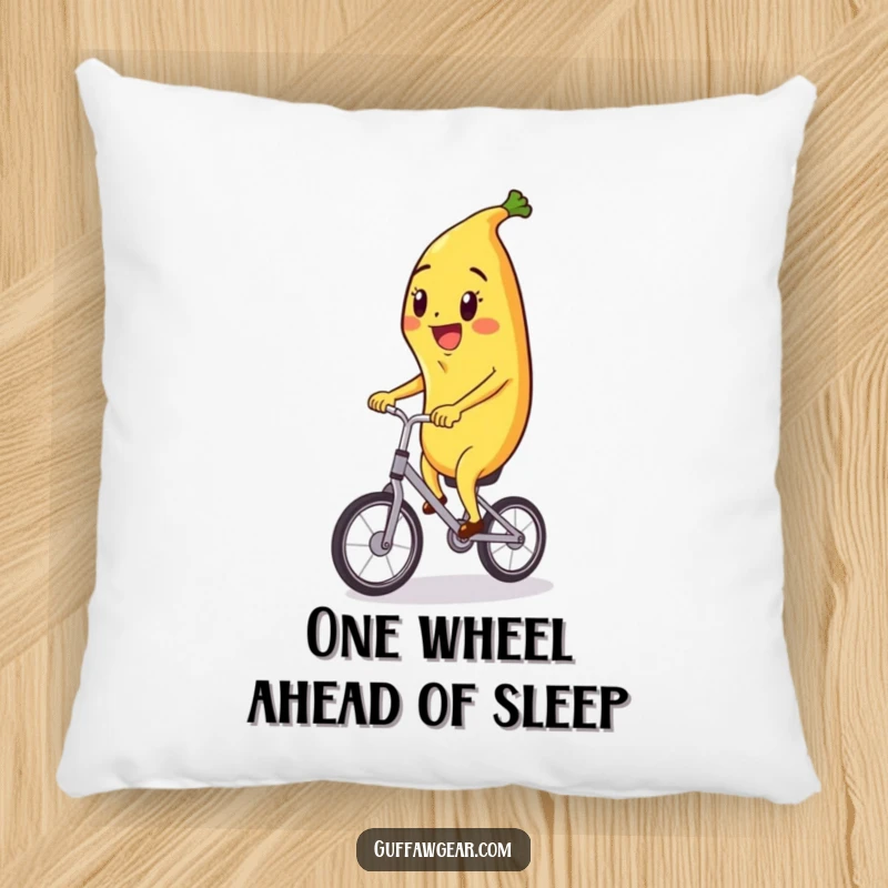 Funny pillow featuring a happy banana character riding a tiny unicycle, offering comfort and a whimsical, humorous touch.