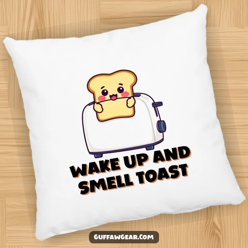 Funny pillow with a cheerful toast character popping out of a toaster with a surprised expression, offering plush comfort and amusement.