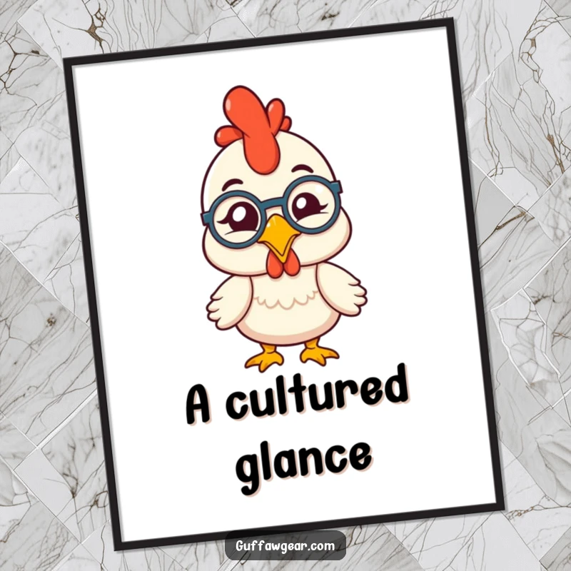 Funny rubber chicken with a monocle comically winking, rendered as high-resolution digital art for instant humorous wall decoration.