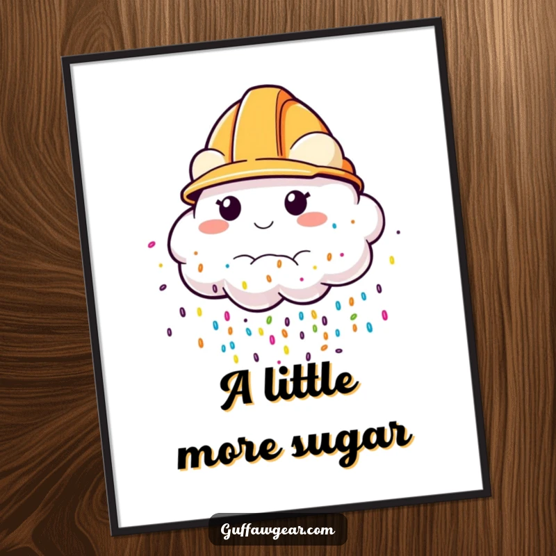 Funny Digital Art Print of a cloud with a construction helmet, raining colorful sprinkles, offering instant whimsical and cheerful decoration.