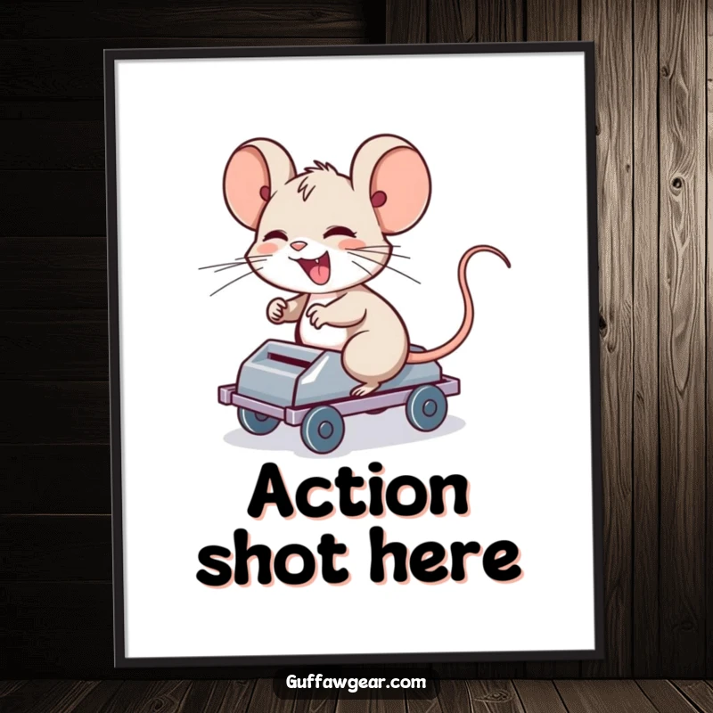 Funny Computer Mouse Digital Art Print: A giggling computer mouse riding a rolling mouse trap, adding tech humor digitally.