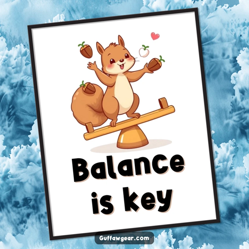 Funny digital art print showing a squirrel juggling acorns while balancing on a teeter-totter, vibrant and amusing wall decor.