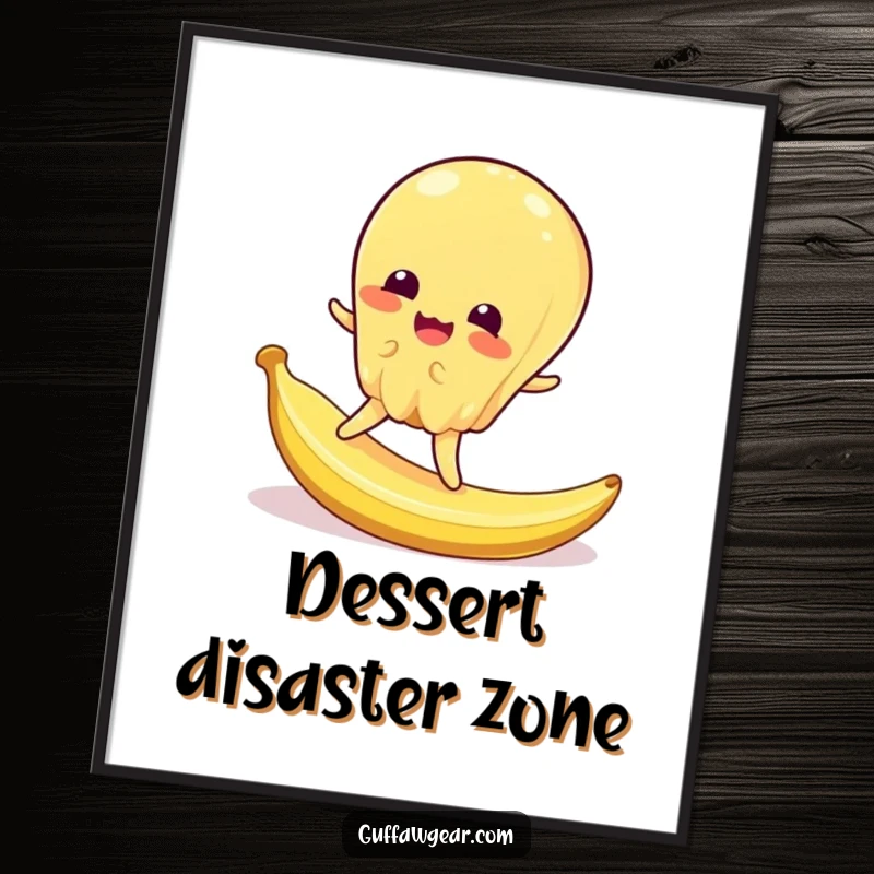 Funny digital art print of a jiggly jelly character comically slipping on a tiny banana peel, a hilarious and vibrant piece.