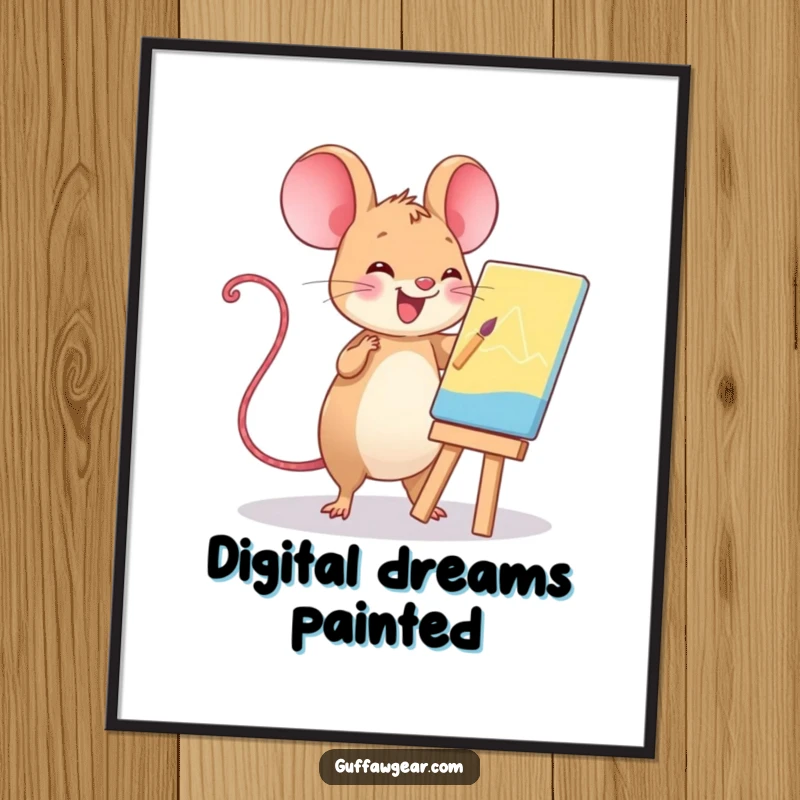 Funny Kawaii computer mouse painting a masterpiece, a humorous digital art file for instant download.