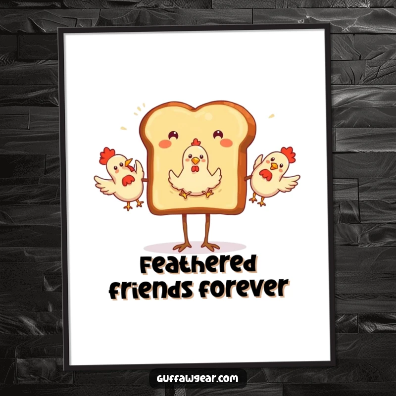 Funny Digital Art Print of a toast with legs, excitedly juggling three rubber chickens, offering instant whimsical and humorous decoration.