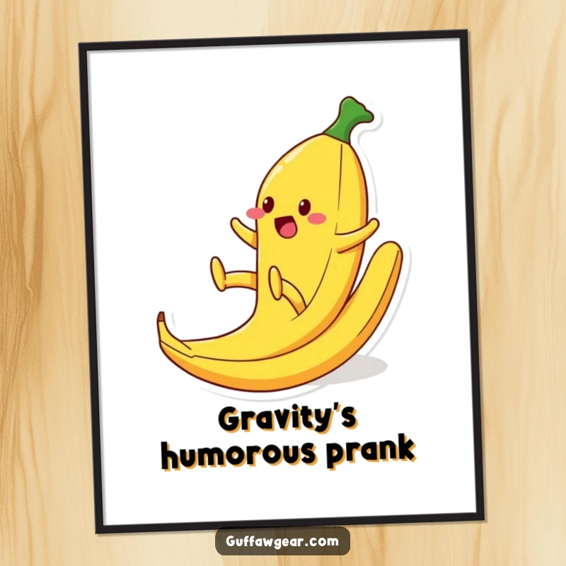 Funny digital art print of a food character comically slipping on a banana peel, legs kicking wildly, a humorous and visually striking piece.