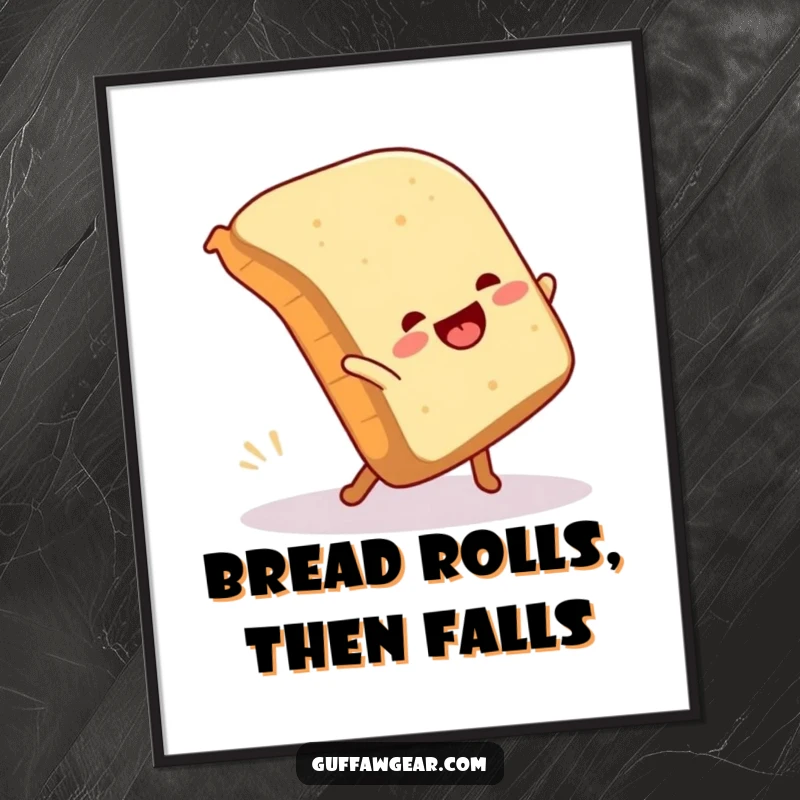 Funny digital art print of a loaf of bread attempting a cartwheel and comically falling over, a humorous and charming piece.