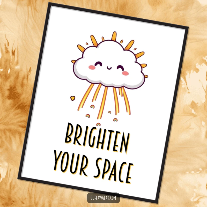 Funny Cloud Digital Art Print: A happy cloud character raining tiny rainbows onto a grumpy sun, adding cheerful decor digitally.