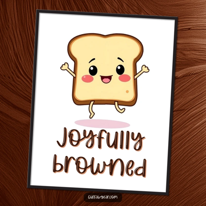 Funny slice of toast with legs performing a frantic dance, offered as downloadable digital art for immediate, energetic, and humorous wall decor.