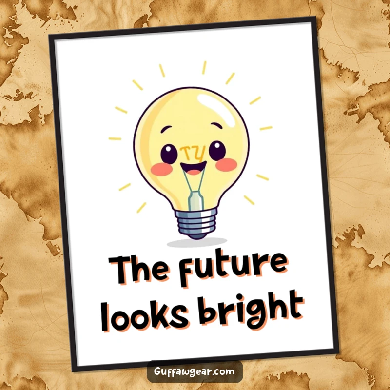 Funny digital art print of a beaming lightbulb character with an oversized filament, offering instant inspiring and humorous wall decor.