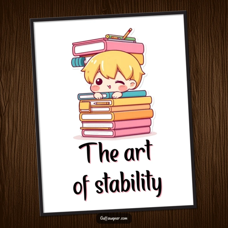 Funny digital art print of a character precariously balancing a large stack of office supplies, a humorous and visually striking piece.