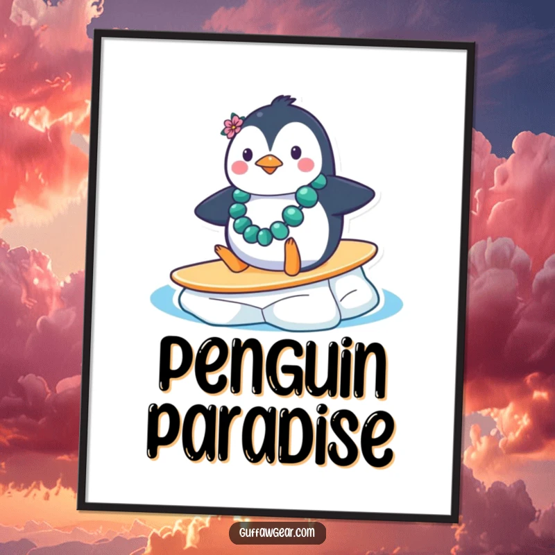 Funny Penguin Surf Digital Art: A penguin with a lei comically slides down an ice floe, a hilarious and tropical printable artwork.