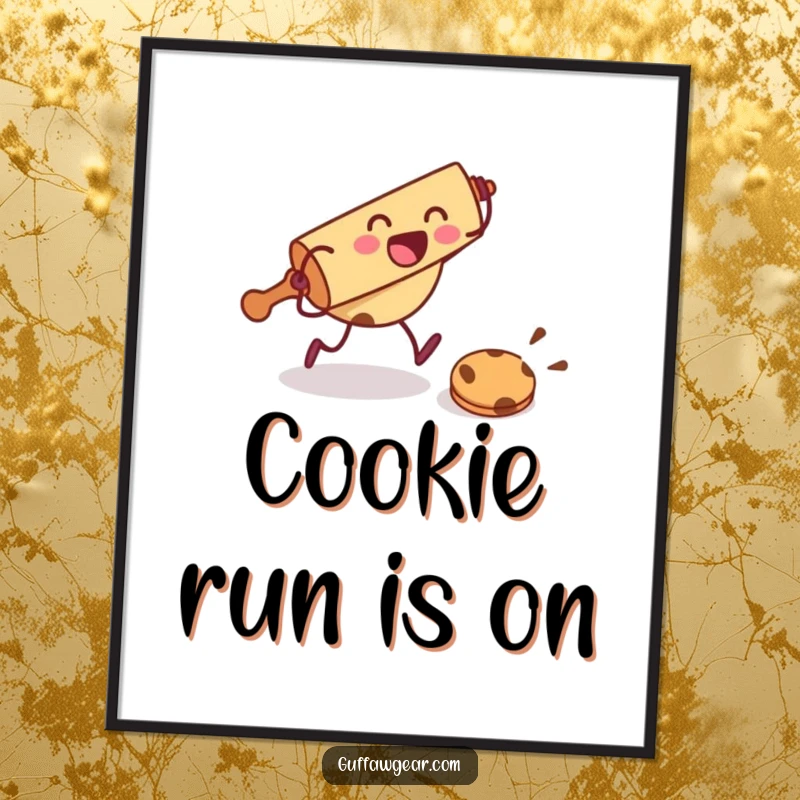 Funny digital art print of a rolling pin character excitedly chasing a fleeing cookie, offering instant baking humor.