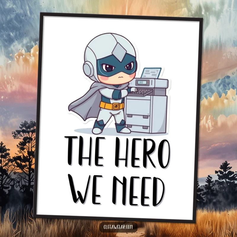 Funny digital art print of a superhero awkwardly trying to fix a printer, a humorous and visually striking piece of wall art.