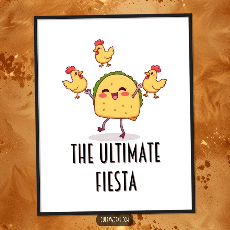 Funny digital art print of an energetic taco character juggling rubber chickens, a festive and humorous decoration.