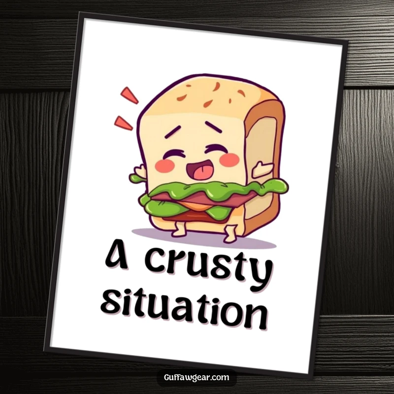 Funny digital art print of a talking sandwich character dramatically tripping over its crust, offering instant food humor.