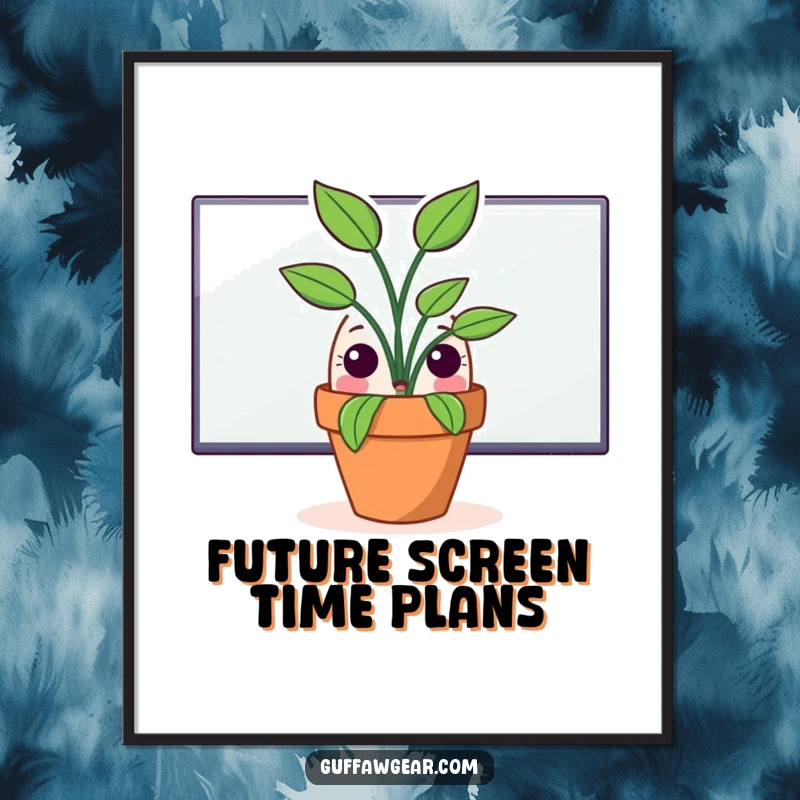 Funny digital art print of a potted plant character peeking from behind a computer monitor, offering instant humorous wall decor.