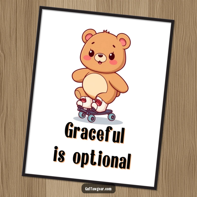Funny digital art print of a smiling bear on roller skates, wobbling but exuding happiness, for vibrant decor.