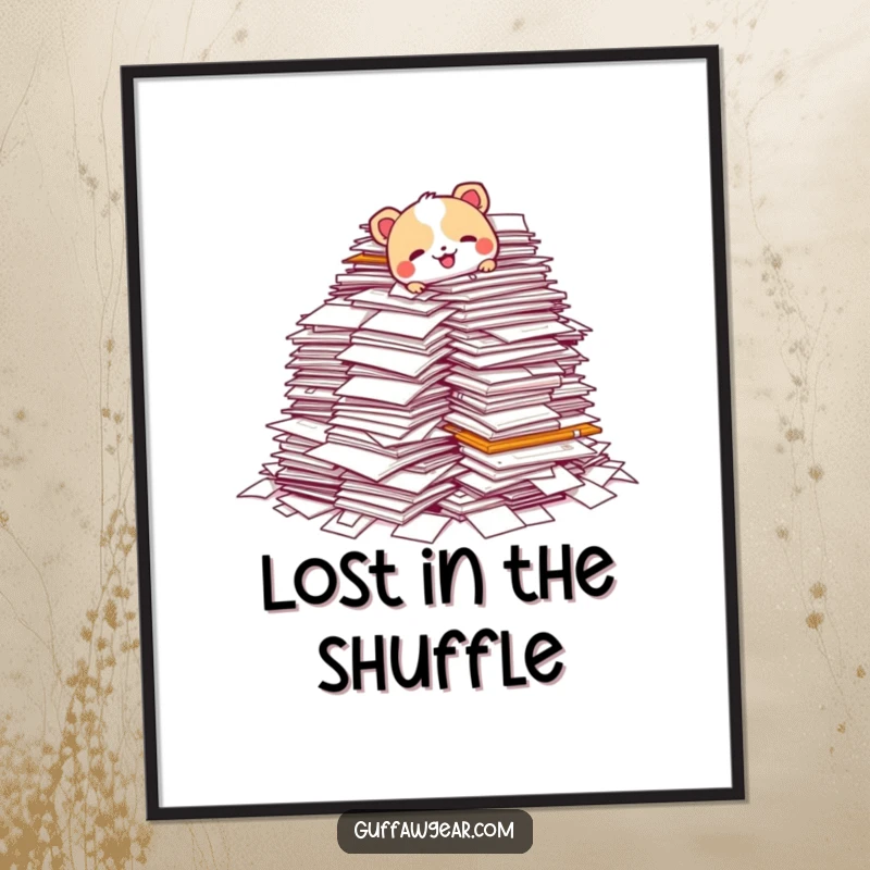 Funny digital art print of an animal character hilariously tripping over a huge pile of paperwork, a humorous representation of workplace challenges.