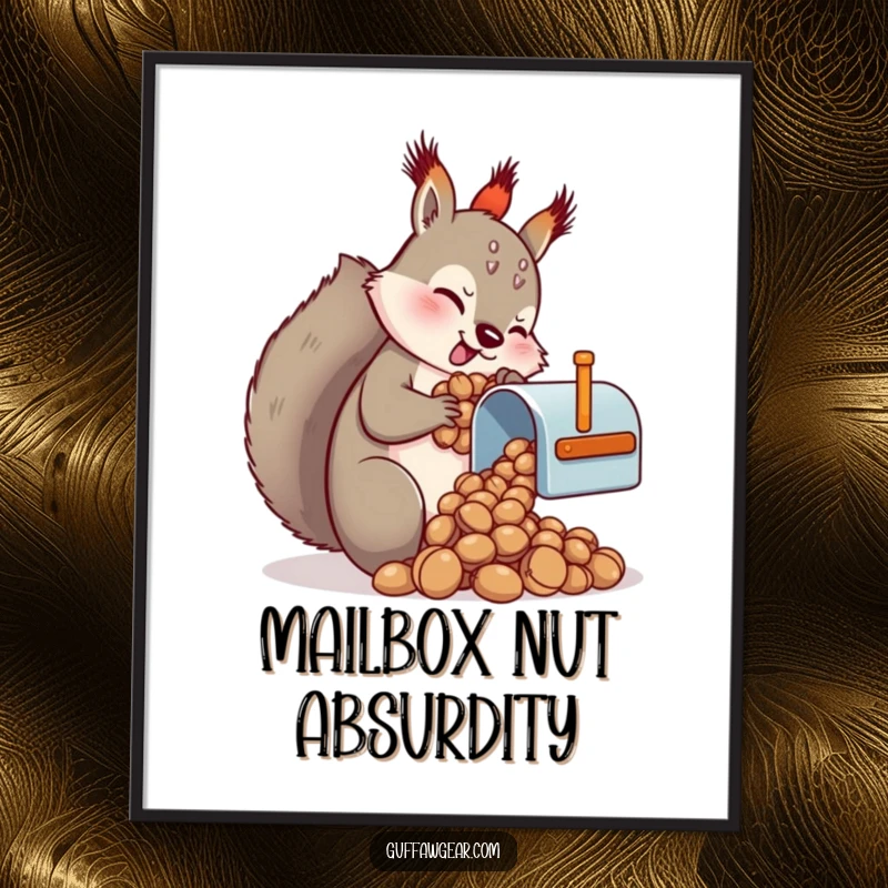 Funny Squirrel Digital Art Print: A humorous scene of a squirrel trying to fit nuts into a minuscule mailbox.