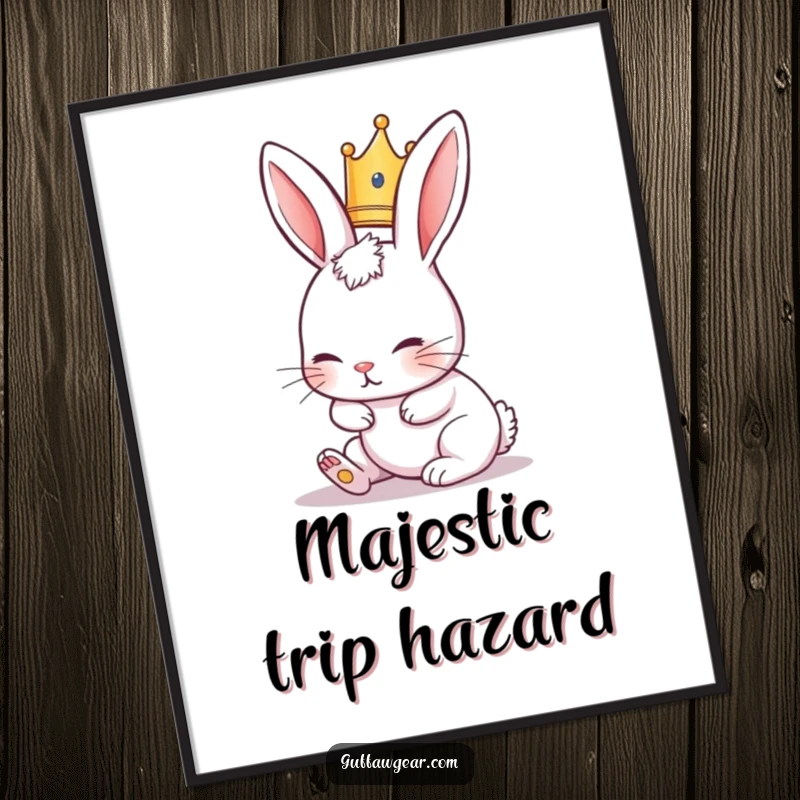 Funny Rabbit Digital Art showing a cute rabbit wearing a tiny crown, hilariously tripping over its ears, perfect for whimsical decor.