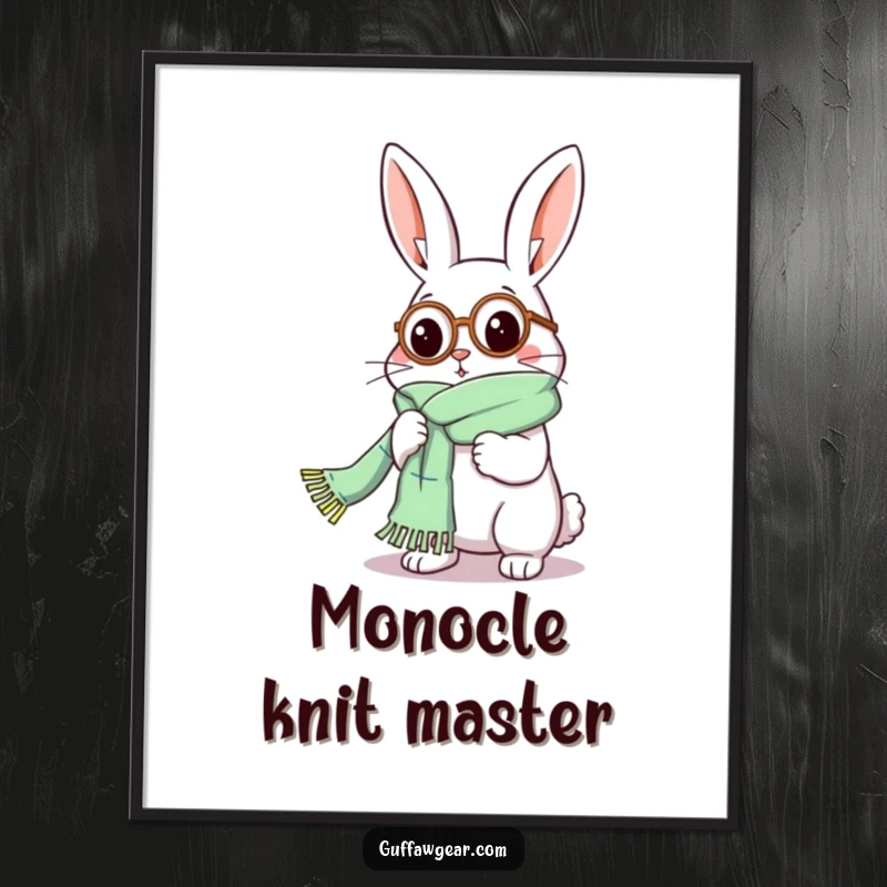 Funny Rabbit Digital Art Print: A humorous scene of a rabbit in a monocle comically knitting a scarf that's too long.