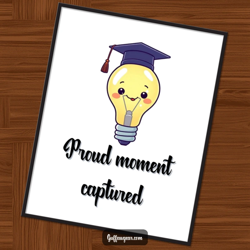 Funny Kawaii digital art print of a proud lightbulb character wearing a graduation cap, symbolizing intelligence and achievement.