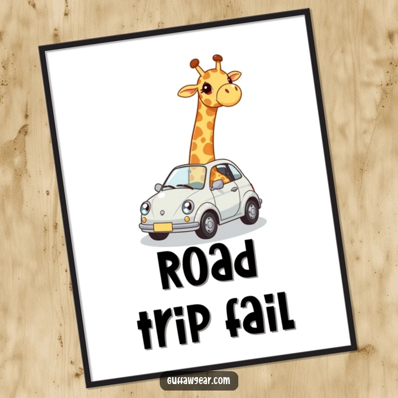 Funny digital art print of a giraffe awkwardly trying to fit into a tiny car, adding whimsical and comical decor.