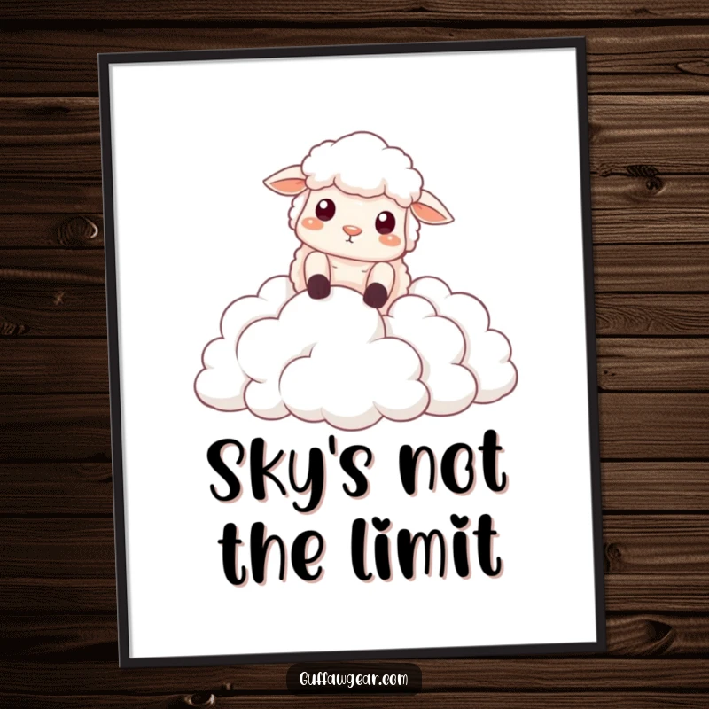 Funny digital art print of a sheep dramatically falling into clouds, adding a humorous and whimsical visual to any room.