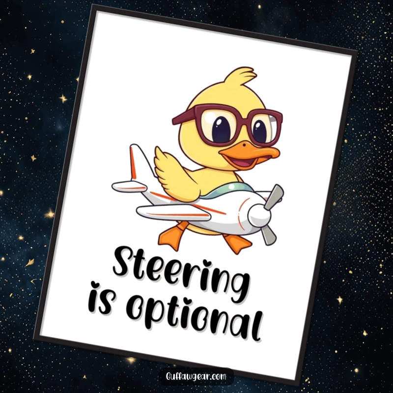 Funny digital art print of a duck pilot with oversized glasses, comically struggling to fly a mini plane, for vibrant decor.