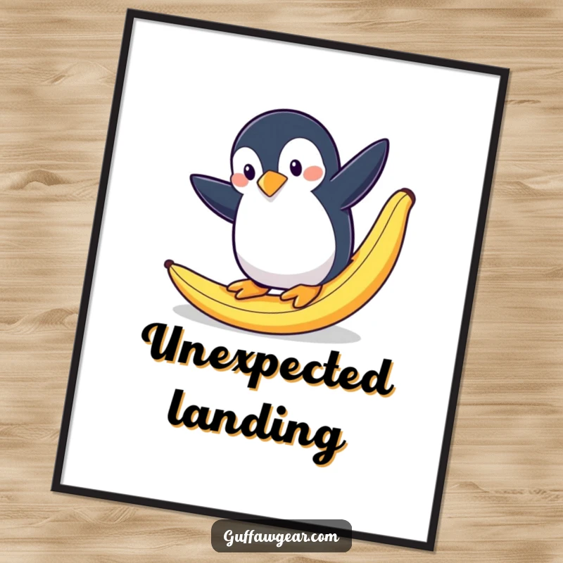 Funny digital art print of a penguin dramatically slipping on a banana peel, frozen in a comical, action-packed pose.
