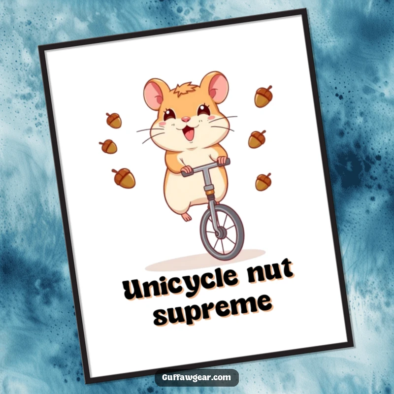 Funny Hamster Digital Art Print: A humorous scene of a hamster riding a unicycle and juggling acorns.