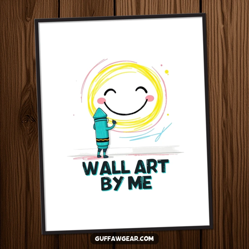 Funny Crayon Digital Art Print: A brave crayon character drawing a gigantic smiley face on a wall, spreading joy digitally.
