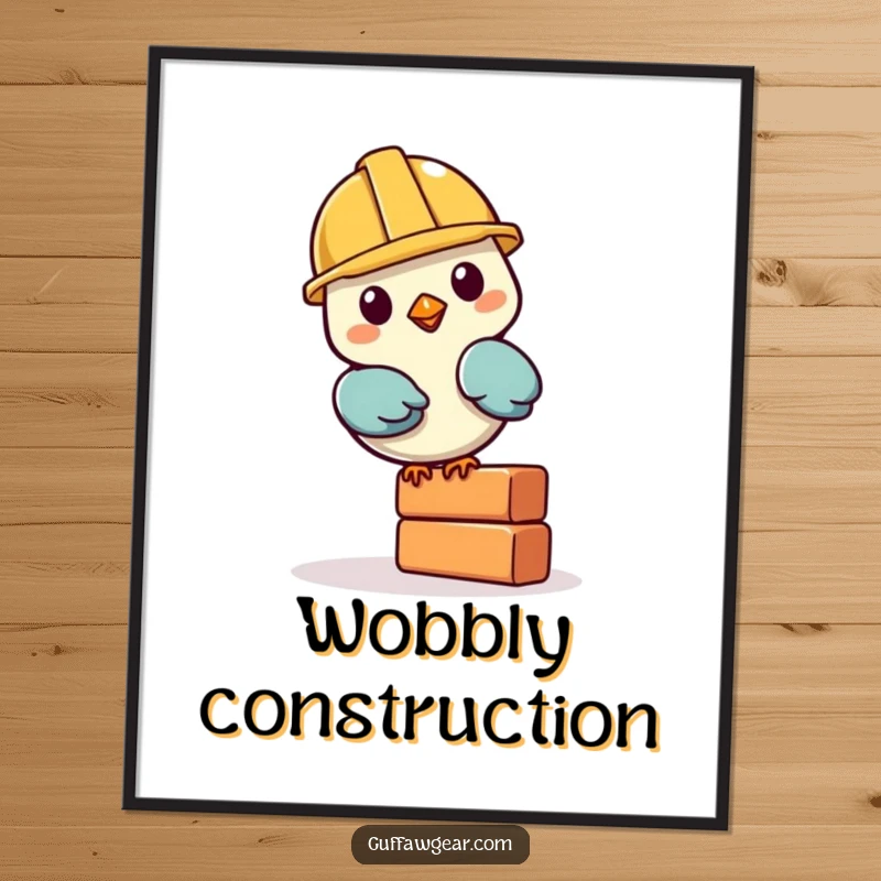 Funny Bird Builder Digital Art: A bird in a tiny hard hat balances a brick, a hilarious and inspiring printable artwork.
