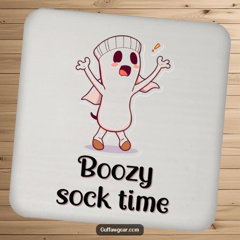 Funny drink coaster featuring a dancing sock character with a bewildered ghost, protecting surfaces with a humorous and surprising design.