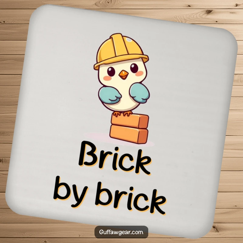 Funny Bird Construction Coaster: A bird with a tiny helmet balances a brick, a humorous coaster to protect surfaces.