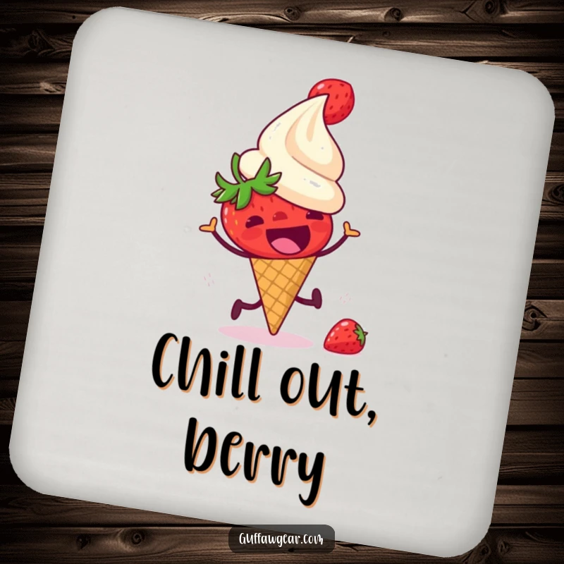 Funny drink coaster with a startled strawberry running from a laughing ice cream cone, protecting surfaces with a humorous dessert-themed illustration.