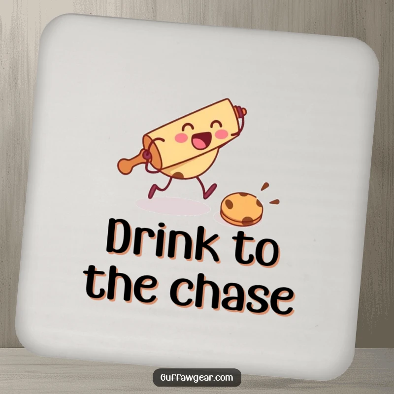 Funny drink coaster with a rolling pin character chasing a cookie, protecting surfaces with baking humor.