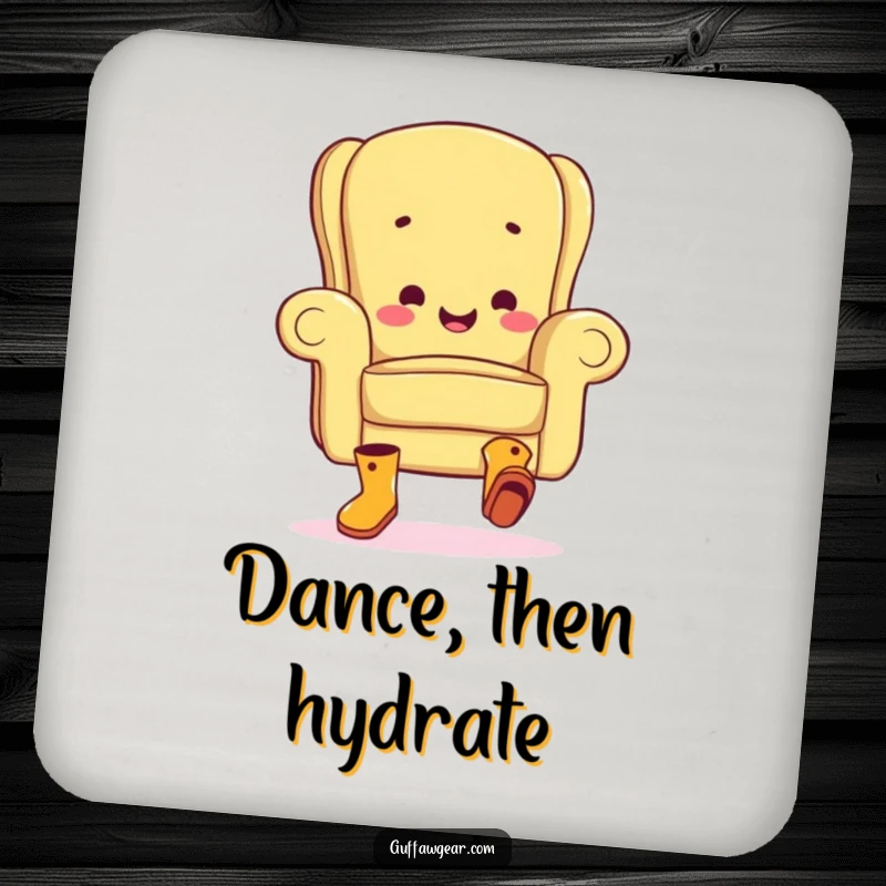 Funny drink coaster featuring a happy armchair character in boots, performing a clumsy jig, protecting surfaces with a dose of humor.